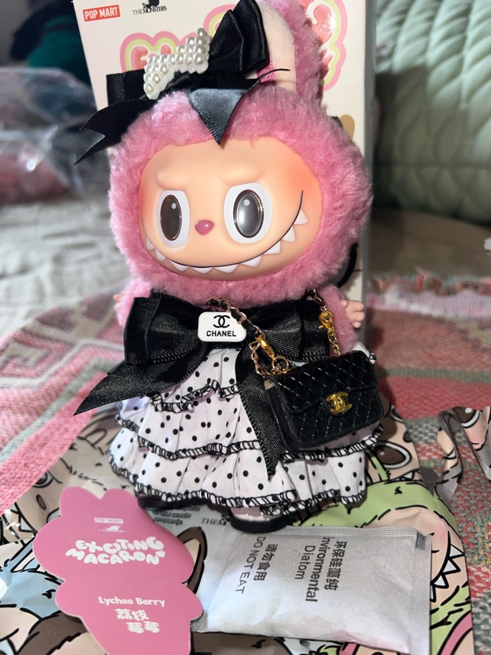 Popmart labubu lychee berry with  polka dress bow cc bag and cc shoes